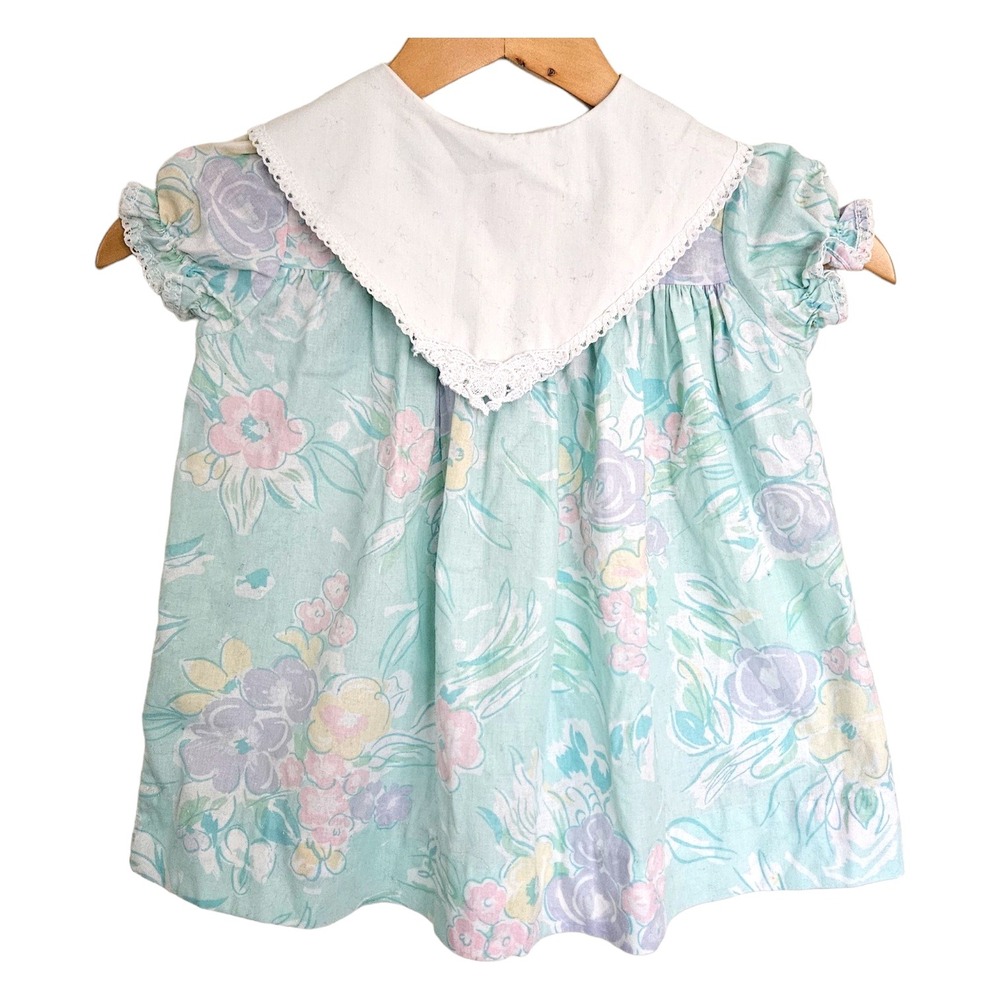 Vintage Roanna Pastel Aqua Blue Pink Toddler Girls Dress 3T Bib Collar 90s
